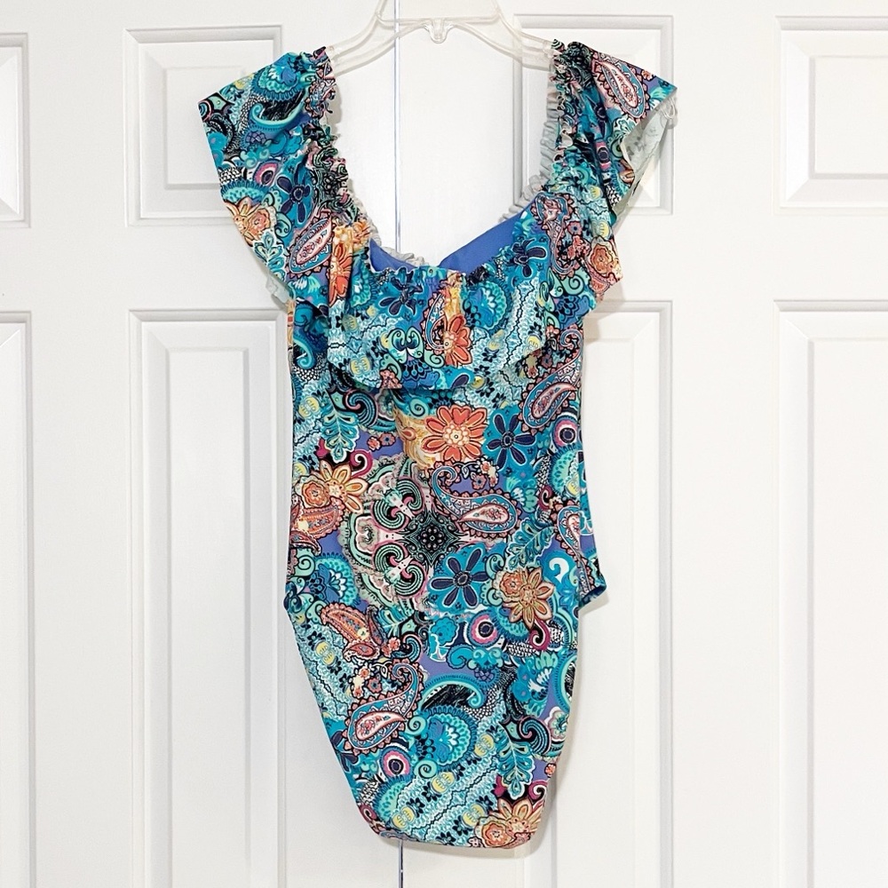 Bleu Rod Beattie Colorful Floral Paisley Ruffle Teal Blue One-Piece Swimsuit. 10 - Picture 7 of 14